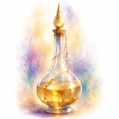 Fiole à l’aquarelle contenant une matière dorée, symbole de transformation et de réparation — création Joyna Moon pour Univers LAMSÂ.