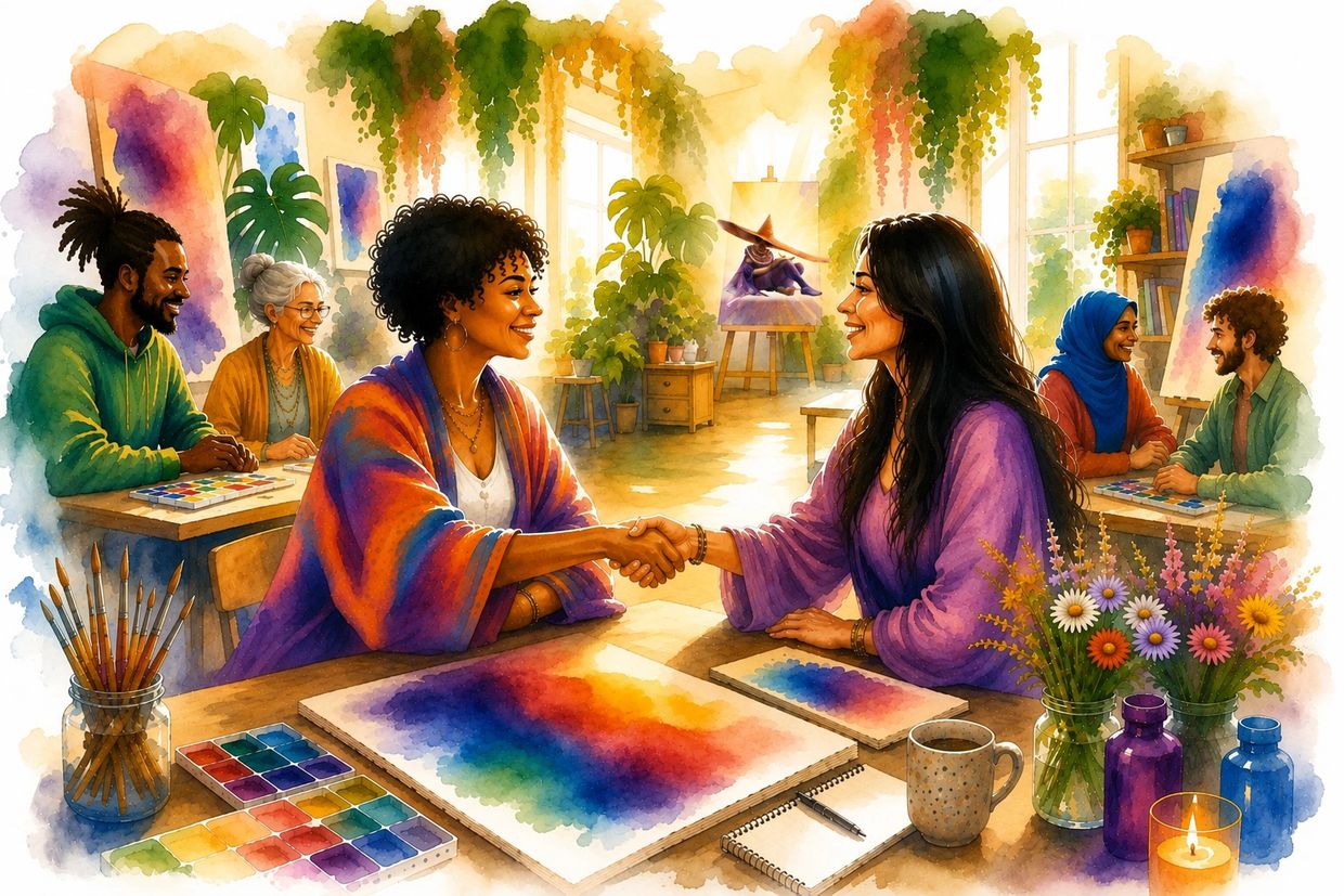 Échange autour d’un projet entre deux personnes, accompagné par la présence symbolique de LAMSÂ, gardienne des valeurs, dans un univers artistique coloré. Création : Joyna Moon & Yaya.