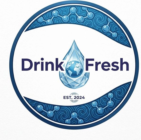 Logo for Drink Fresh with a water droplet and Earth symbol.