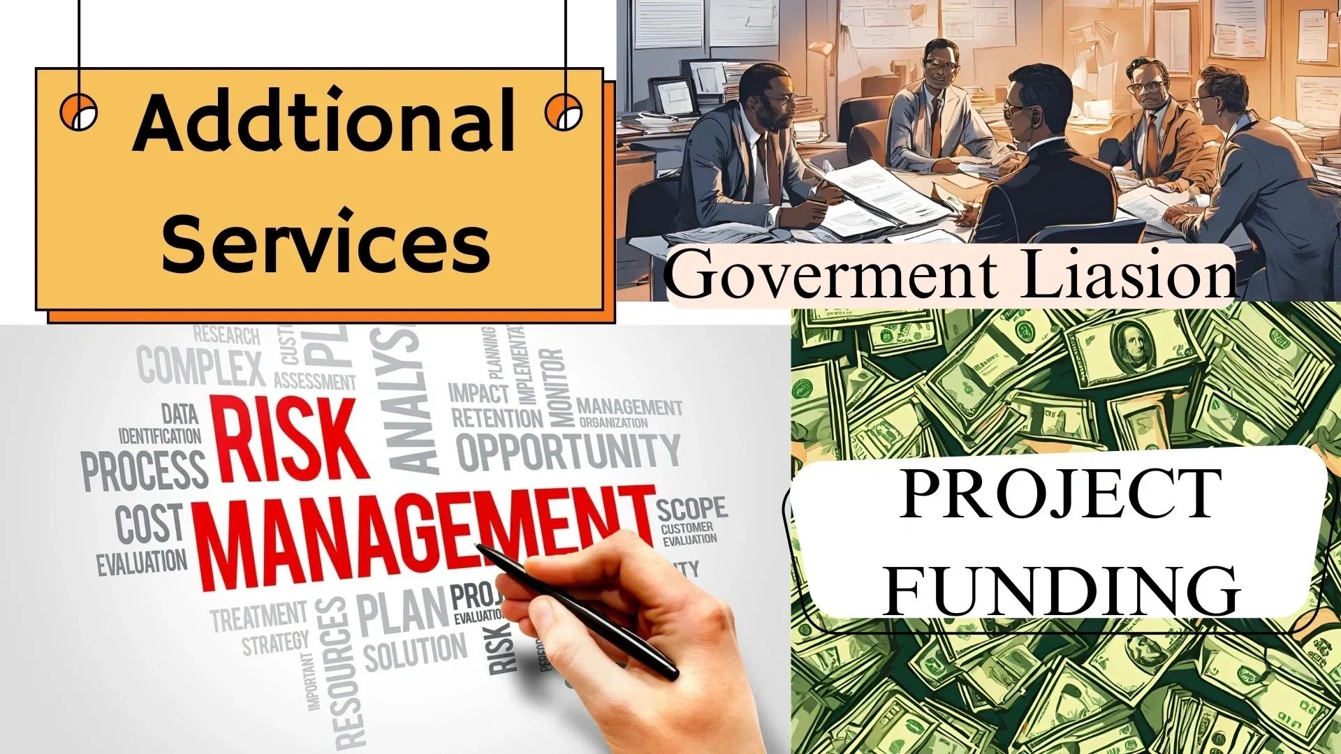 Additional services include government liaison, risk management, and project funding.