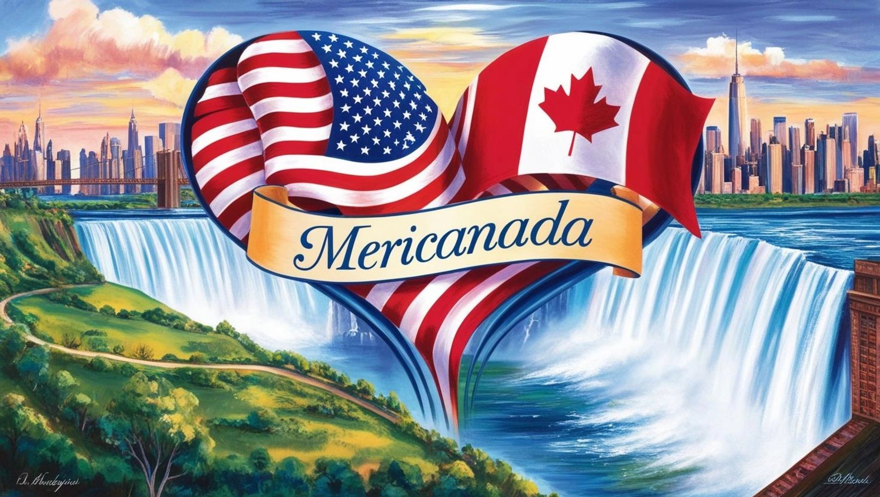 Heart-shaped flags of the US and Canada over Niagara Falls with 'Mericanada' banner.