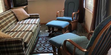 Sleeper sofa and 2 cushioned glider chairs.