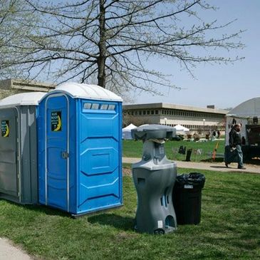 Standard Event portable toilet, Special Care Event portable toilet with free standing hand washing station.
