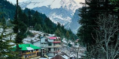 Snowy mountain village with colorful rooftops and pine trees.
