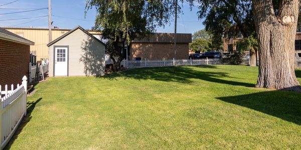 Sunny backyard with green lawn and shed.