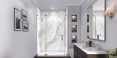 Bathtub converted to walk in shower with marble shower wall surround and colour matched shower base.