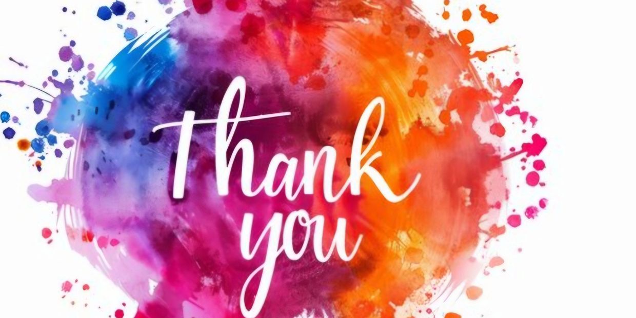Colorful watercolor background with the words 'Thank you' in white script.