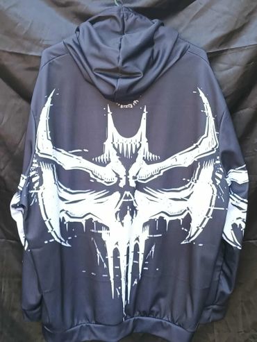 Black hoodie with a large white skull graphic on the back.