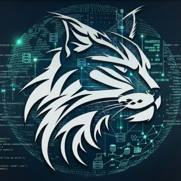 Stylized white wolf head with digital network and code background.