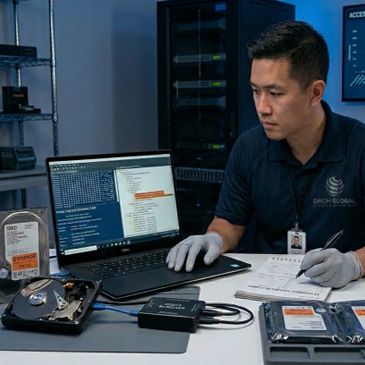 Technician analyzing data on laptop with multiple hard drives and storage devices.