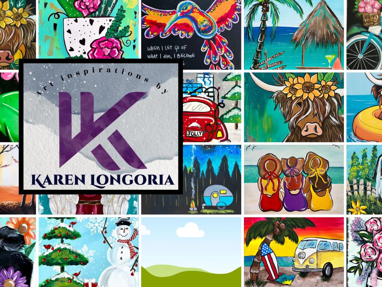 Collage of colorful artwork by Karen Longoria.
