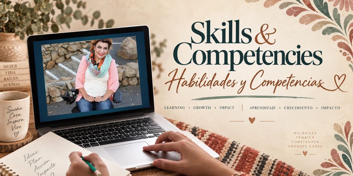 A laptop showing a woman with text about skills and competencies in English and Spanish.