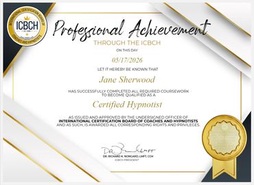 Certified Hypnotist achievement certificate for Jane Sherwood dated 05/17/2026.