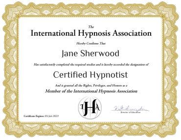 Certificate from International Hypnosis Association for Jane Sherwood as Certified Hypnotist.
