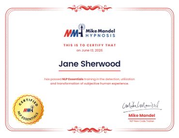 Certificate for Jane Sherwood on NLP Essentials training completion.