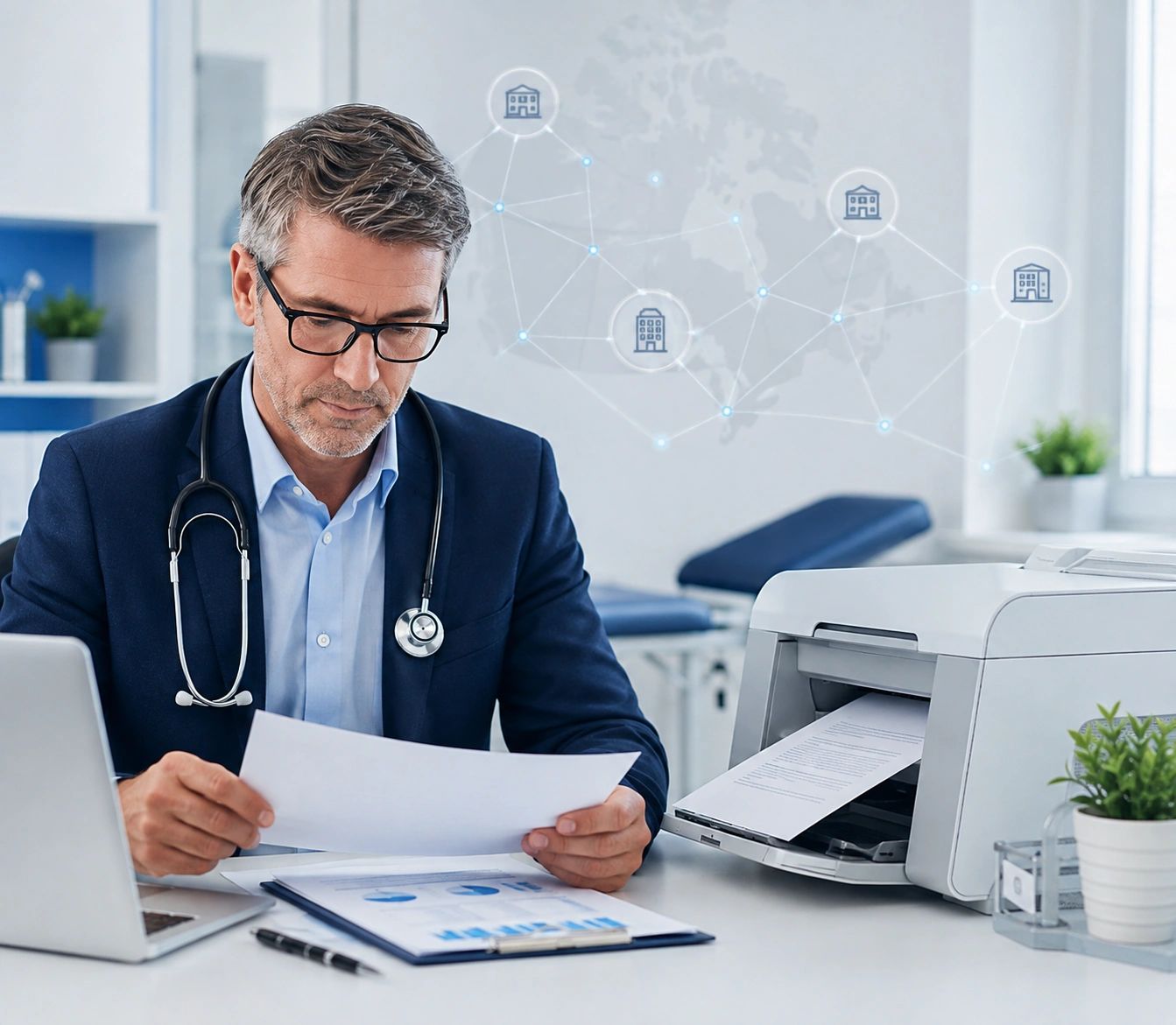 Physician reviewing a managed medical fax campaign connecting healthcare clinics across Canada