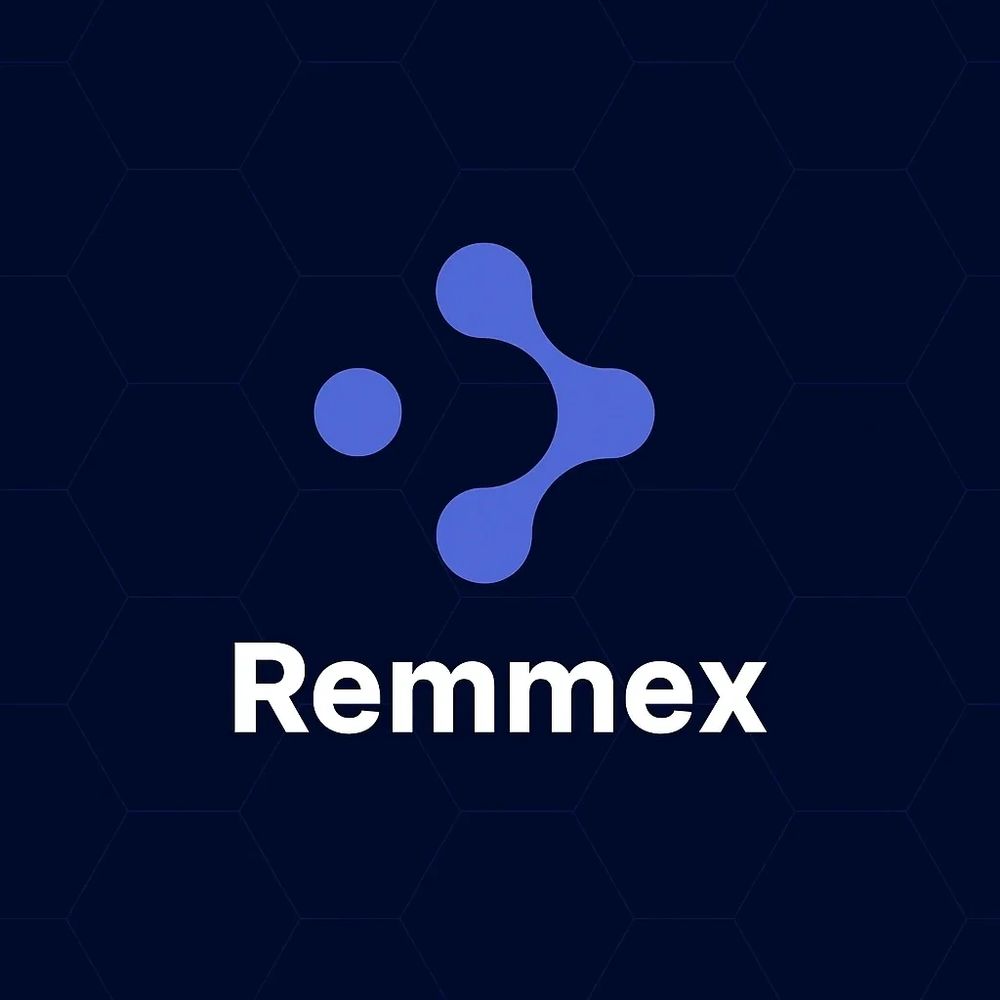 Modern logo for Remmex with blue abstract symbol on dark hexagonal background.