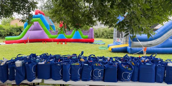 Rows of blue bags with inflatable slides in the background.