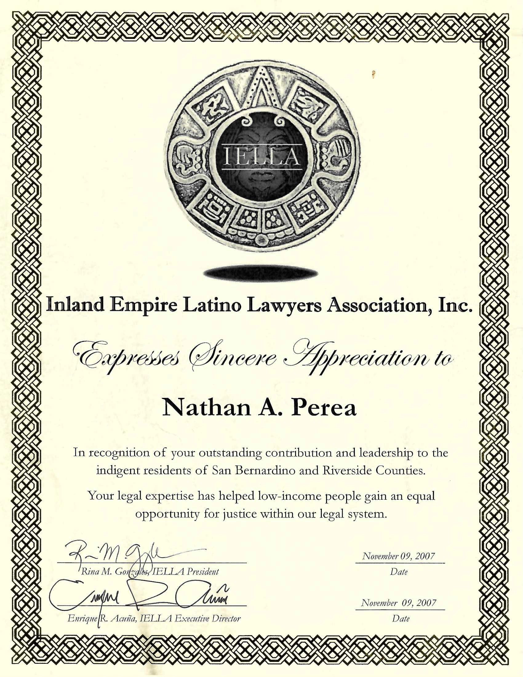 Inland Empire Latino Lawyers Association, Inc., IELLA Certificate of Appreciation