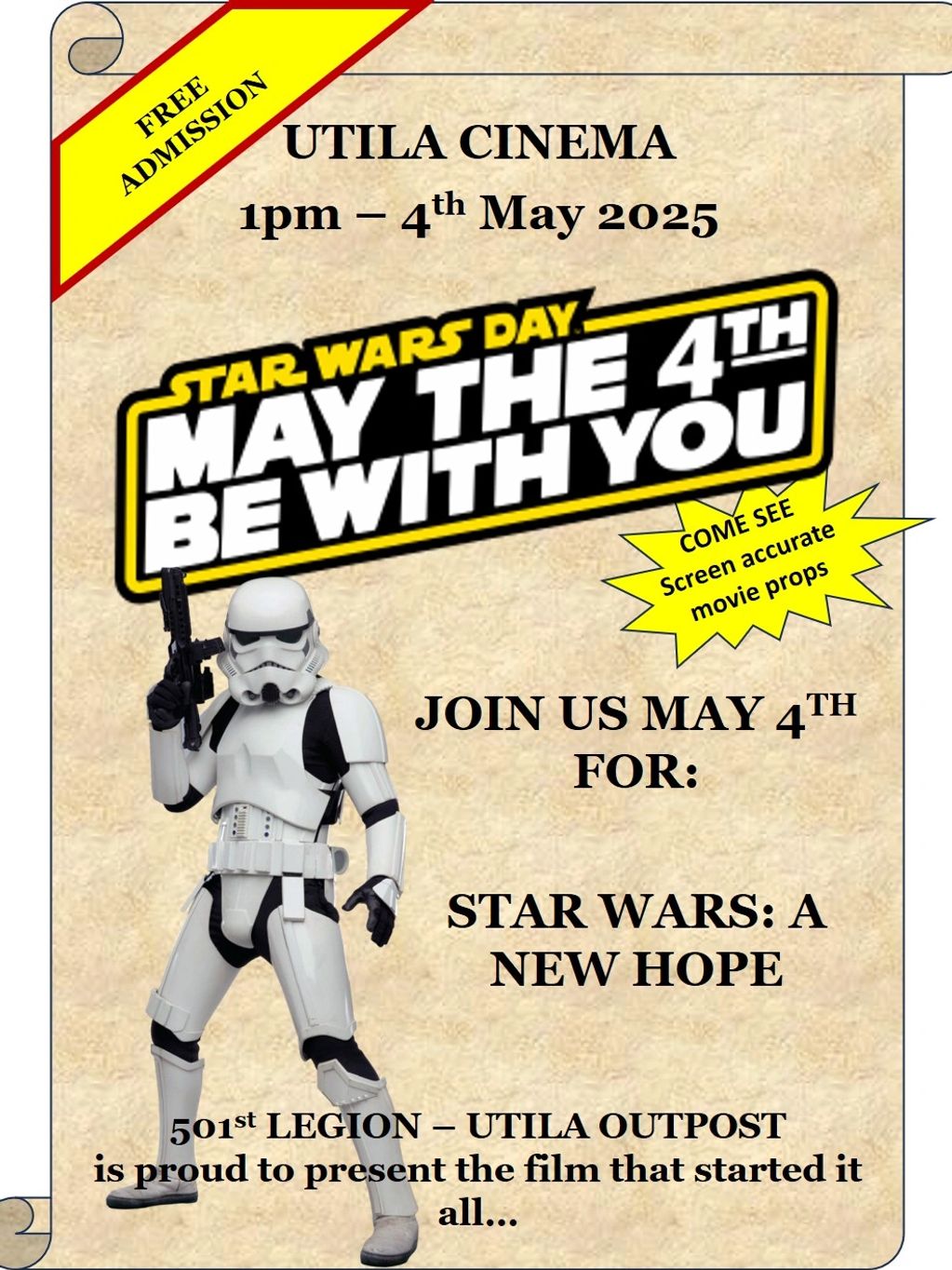 This is our 1st official event: STAR WARS DAY  May 4th 2025 at the Utila Cinema.