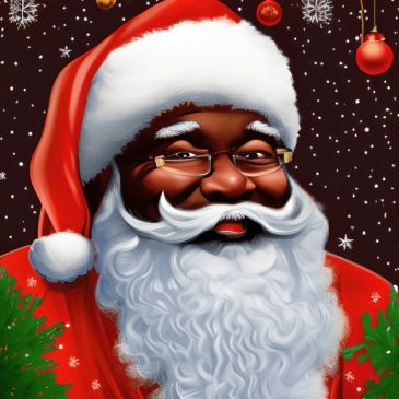 Joyful Black Santa Claus with glasses and white beard.