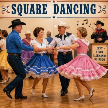 Couples enjoy lively square dancing in colorful outfits.