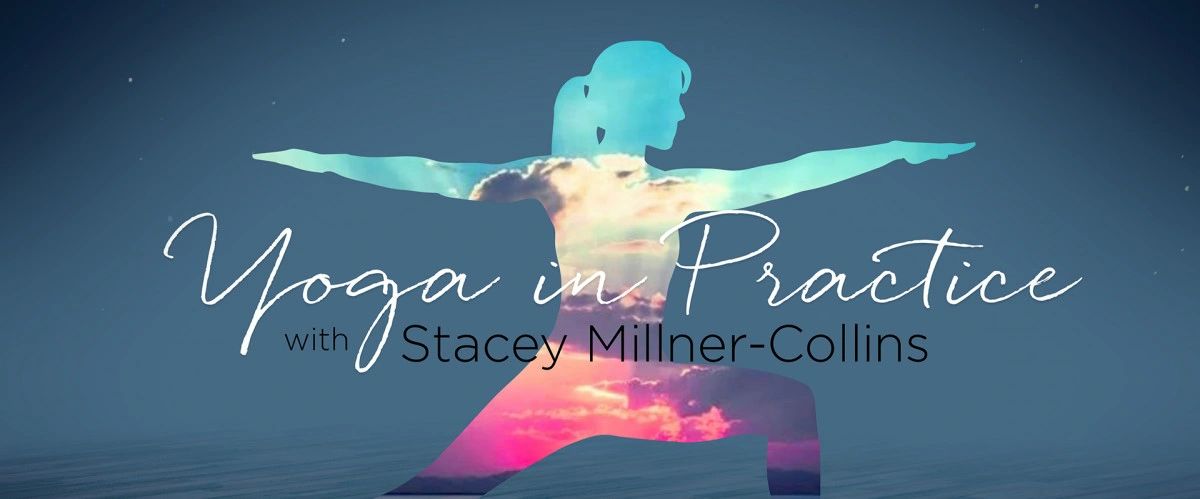 Promotional image for Yoga in Practice with Stacey Millner-Collins. Cutout of woman in Warrior 2 pos
