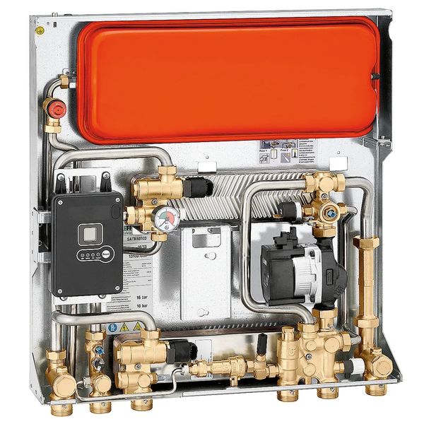 A compact mechanical unit with brass valves, pipes, and a red expansion tank.
