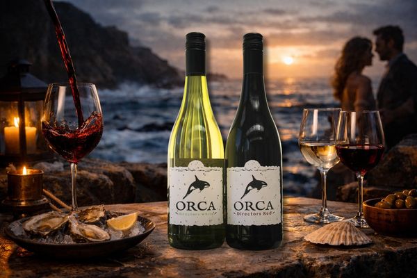 Two bottles of Orca wine at sunset by the sea with a couple in the background.