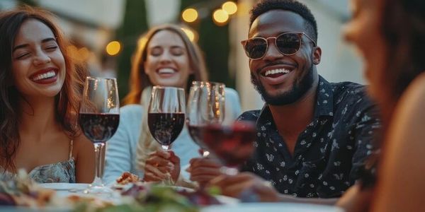 Group of friends enjoying drinks and laughter.