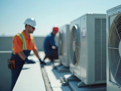 Technicians inspecting industrial HVAC units on a rooftop.