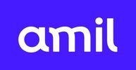 White 'amil' logo on a blue background.
