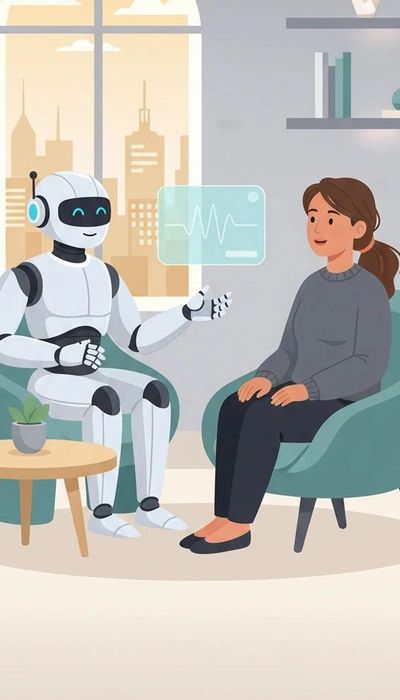 A robot and a woman engage in a friendly conversation with a digital health monitor between them.