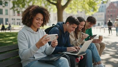 Group of young people using digital devices on a park bench on a sunny day.