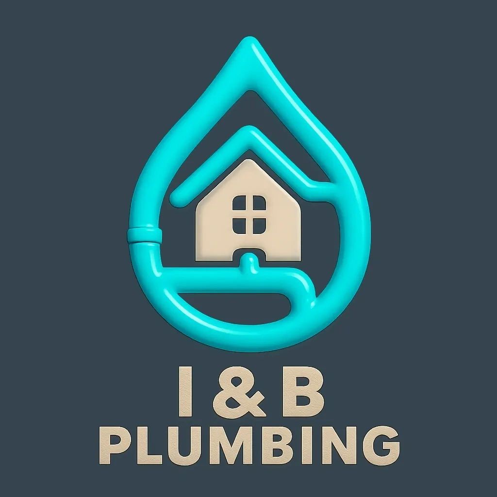 Logo of I&B Plumbing featuring a house inside a water drop shaped pipe.