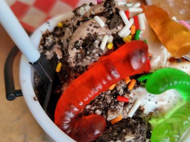 Bait Bucket: ice cream topped with Oreo, gummy worms, and hot fudge at Pearl’s Diner.