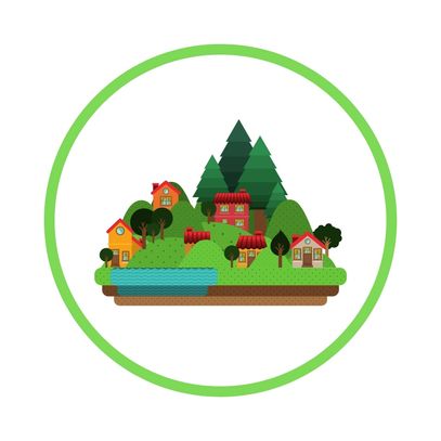 Small village with trees and houses inside  a green circle