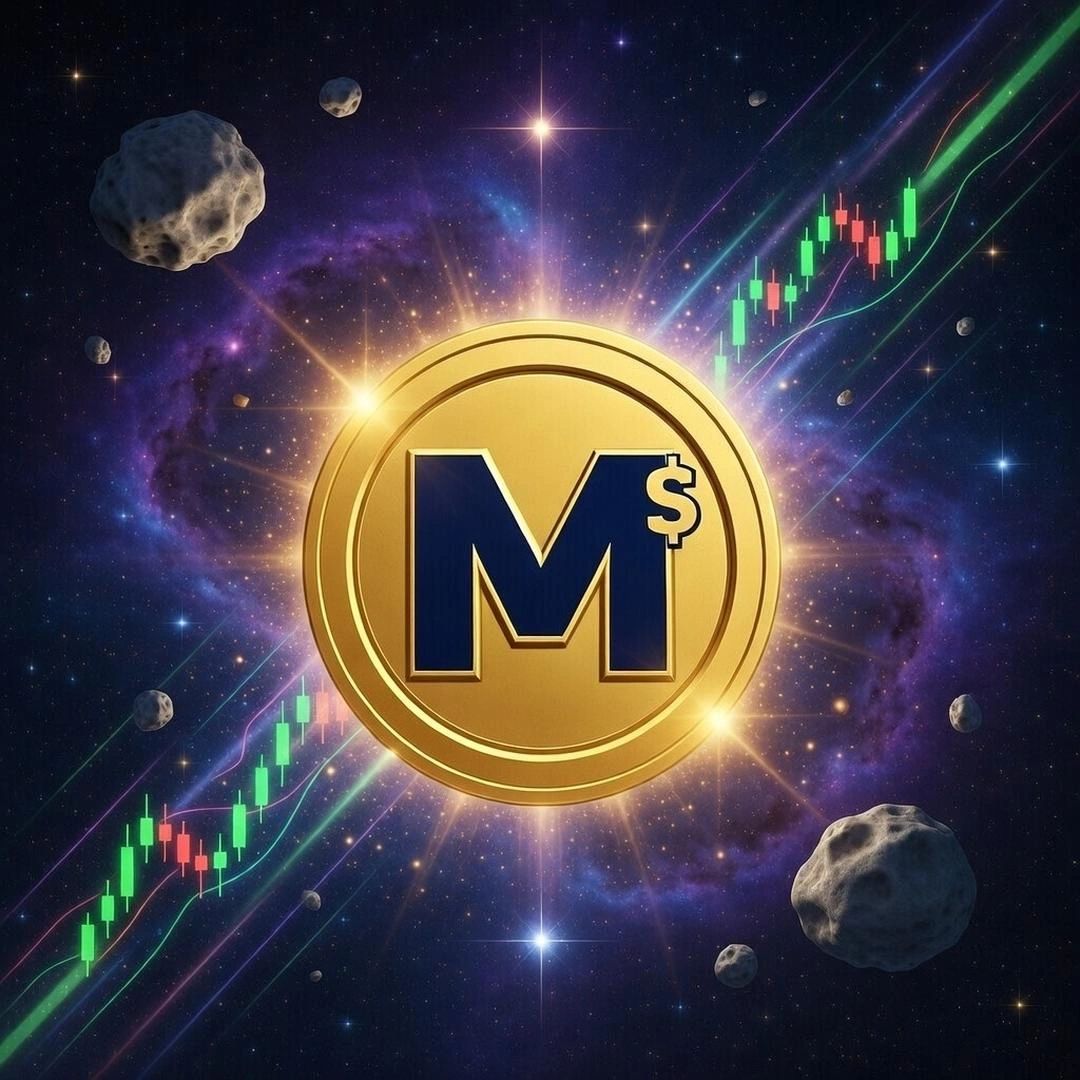 Golden coin with 'M$' symbol glowing in space surrounded by asteroids and stock chart lines.