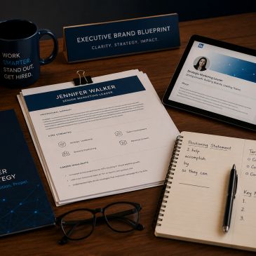 Workspace with marketing documents and a tablet showing a LinkedIn profile.