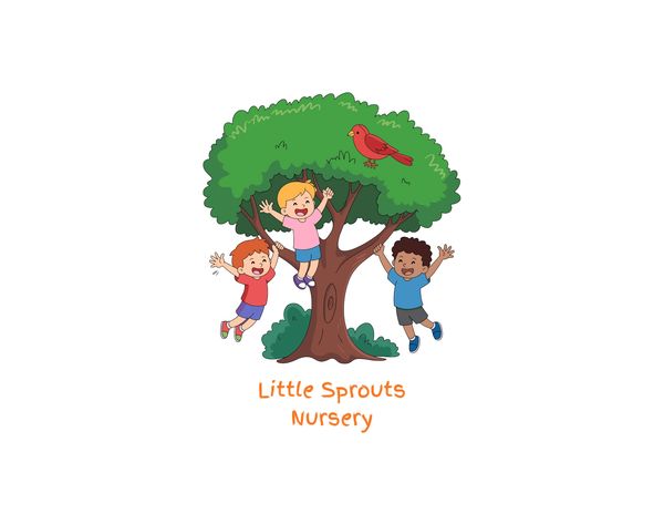 Three joyful children playing around a tree with a red bird above them.