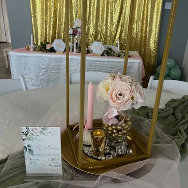 Table decor for a sage green and pink wedding.