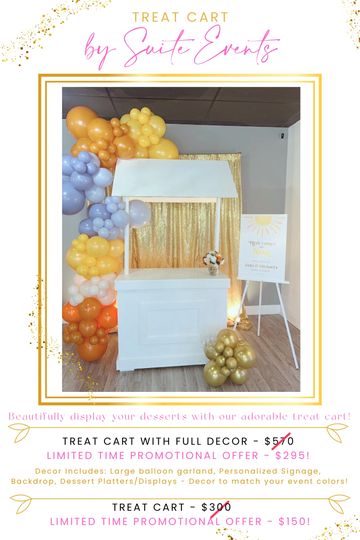 Elegant white treat cart decorated with colorful balloon garlands and personalized signage for events.