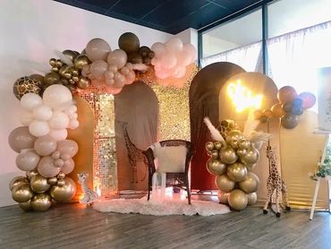 Safari Giraffe themed baby shower at Suite Events. Photo Backdrop area pictured.