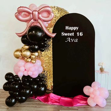 Sweet 16 party setup with balloons and a personalized greeting for Ava.