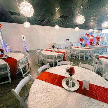 Suite Events decorated in a red, white, and blue baby shower theme.