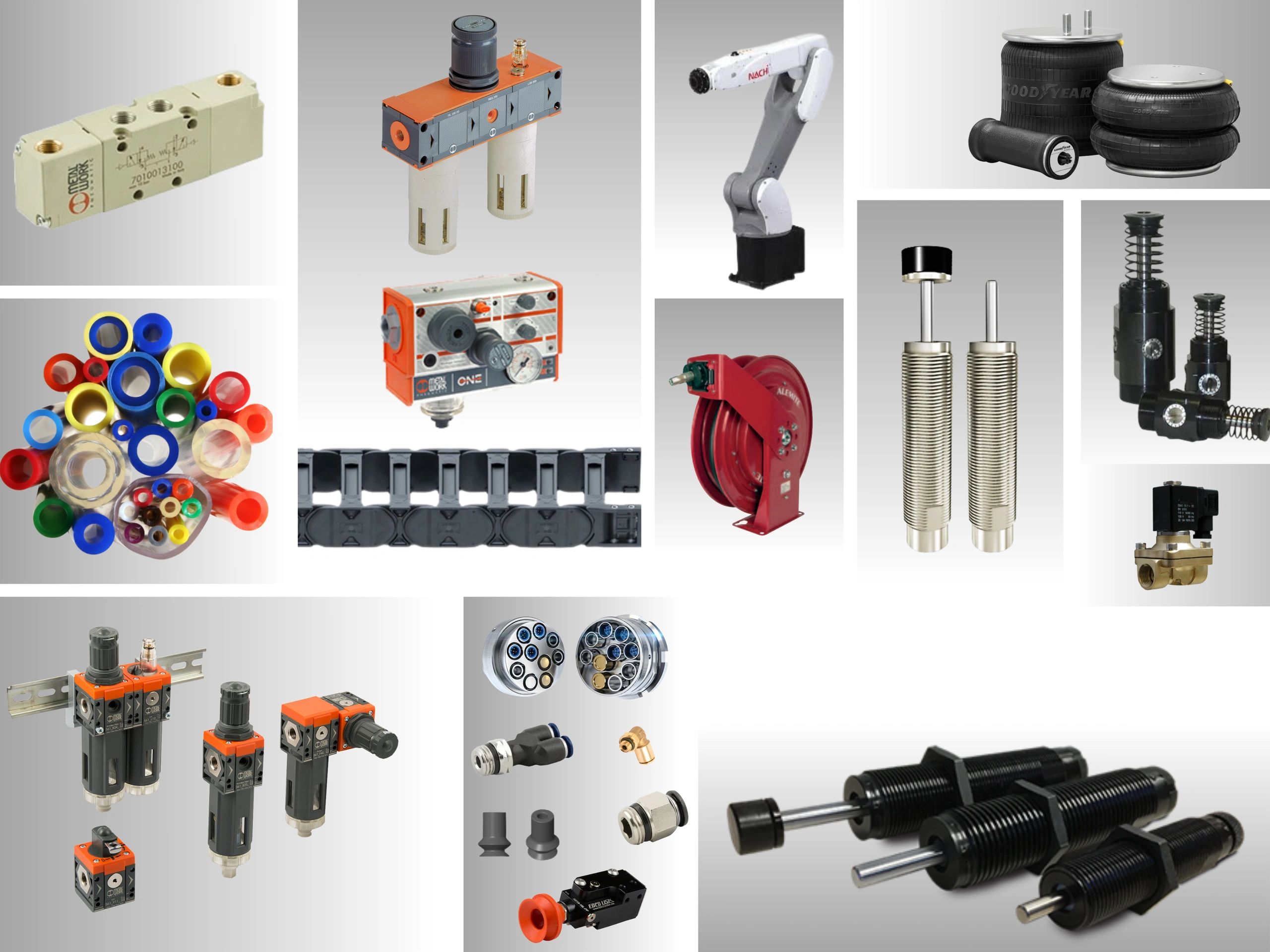 Product image including cylinders, fittings valves, shock absorbers, tubing