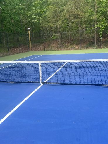 Empty blue and green tennis court surrounded by trees.