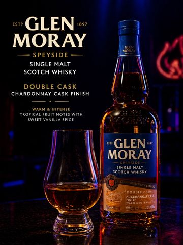 Glen Moray Speyside Single Malt Scotch Whisky with a glass of whisky on a dark background.