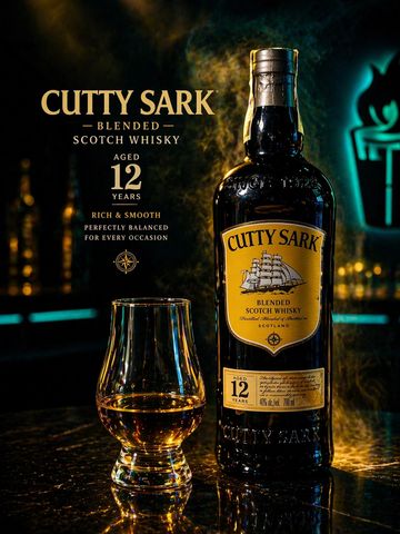 A bottle of Cutty Sark 12-year blended Scotch whisky with a glass.