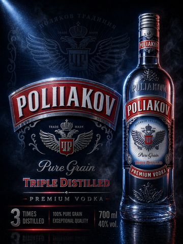 Bottle of Poliakov Triple Distilled Premium Vodka with branding.